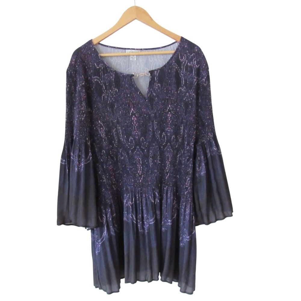 Catherines Affinity Chain Pleated Blouse 4X Purple Paisley Bell Sleeve Ribbed